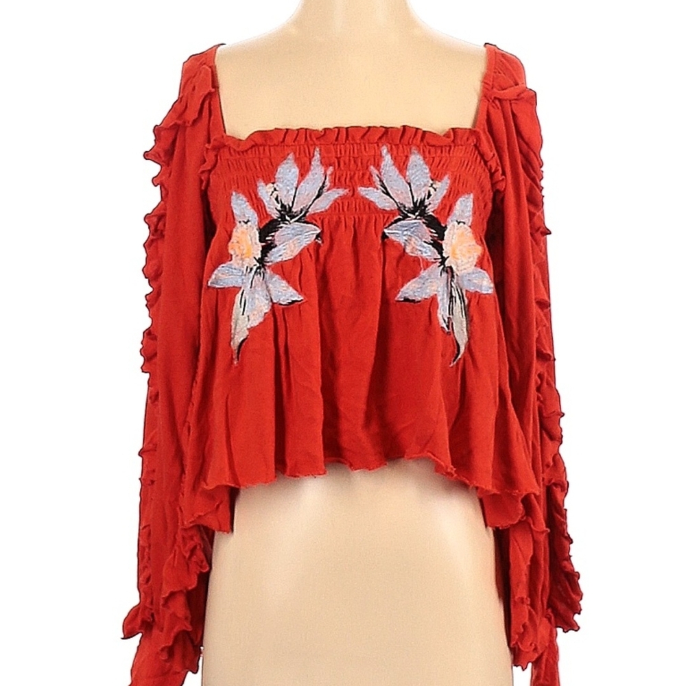 Free People Red Floral Embroidered Blouse